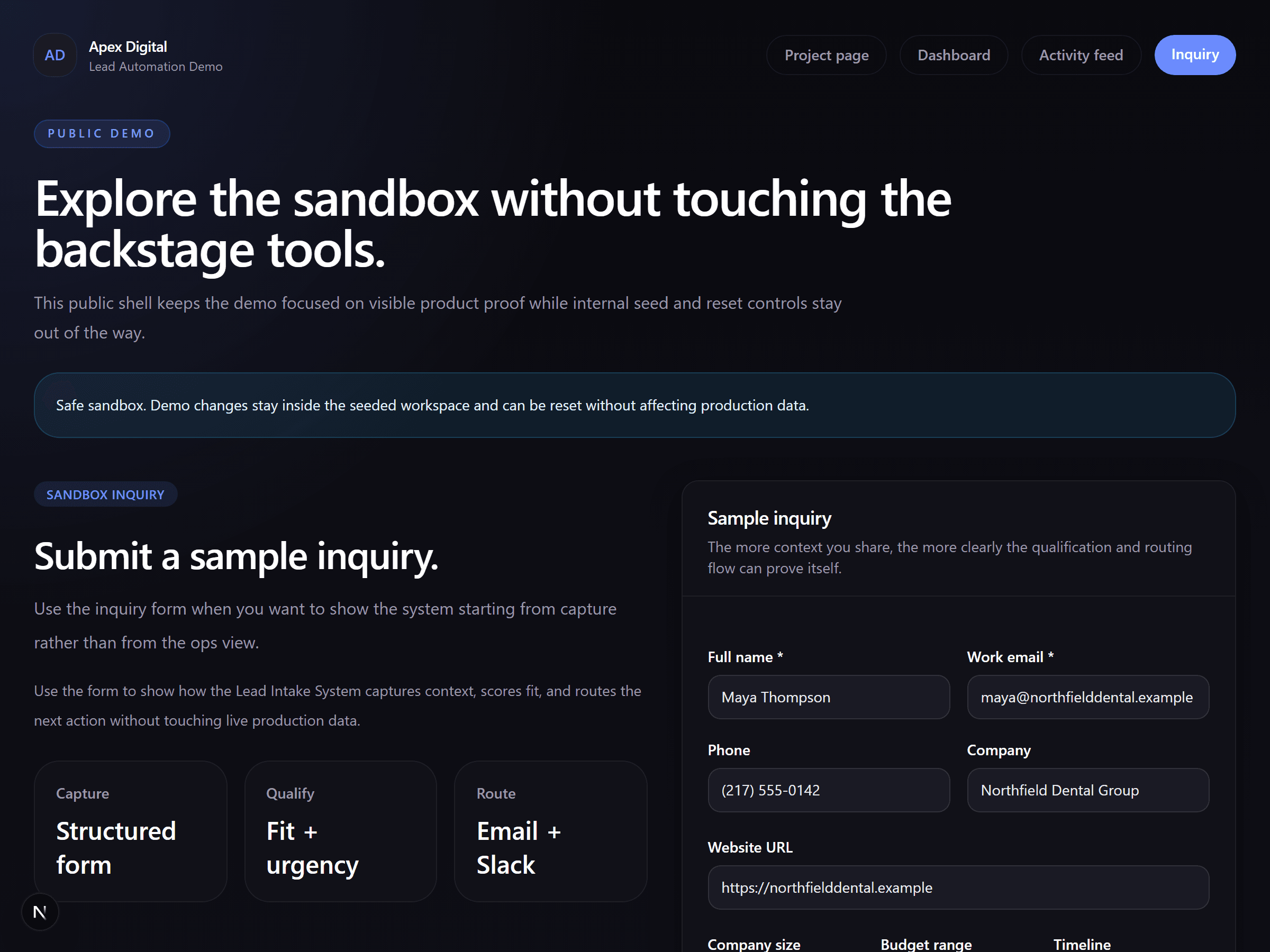 Apex Digital lead intake demo with the inquiry capture surface